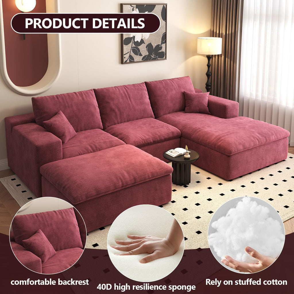 107'' U-Shaped Modern Modular Sectional Cloud Couch Whit Ottoman, 4-Seat Chenille Deep-Seat Sofa with Pillow for Living Room, Bedroom, Apartment, Wine Red