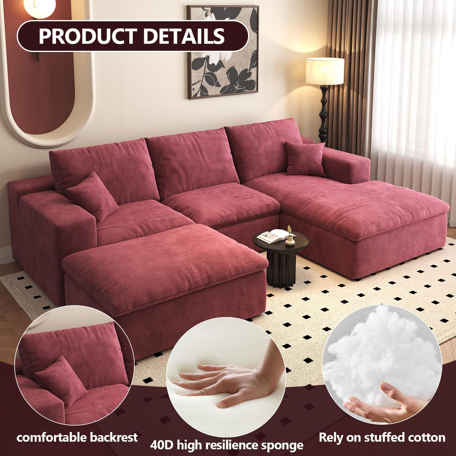 107'' U-Shaped Modern Modular Sectional Cloud Couch Whit Ottoman, 4-Seat Chenille Deep-Seat Sofa with Pillow for Living Room, Bedroom, Apartment, Wine Red