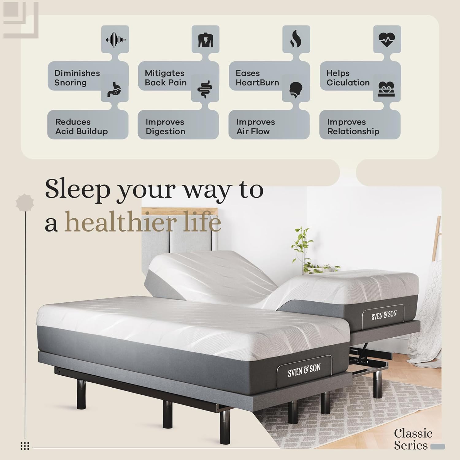 Sven & Son Classic Adjustable Bed Base, Head and Foot Lift, Massage, Under-Bed Lights, USB, Gel Memory, Zero Gravity Smart Frame - Split King + 14 inch Hybrid Spring Matt (Medium Soft)