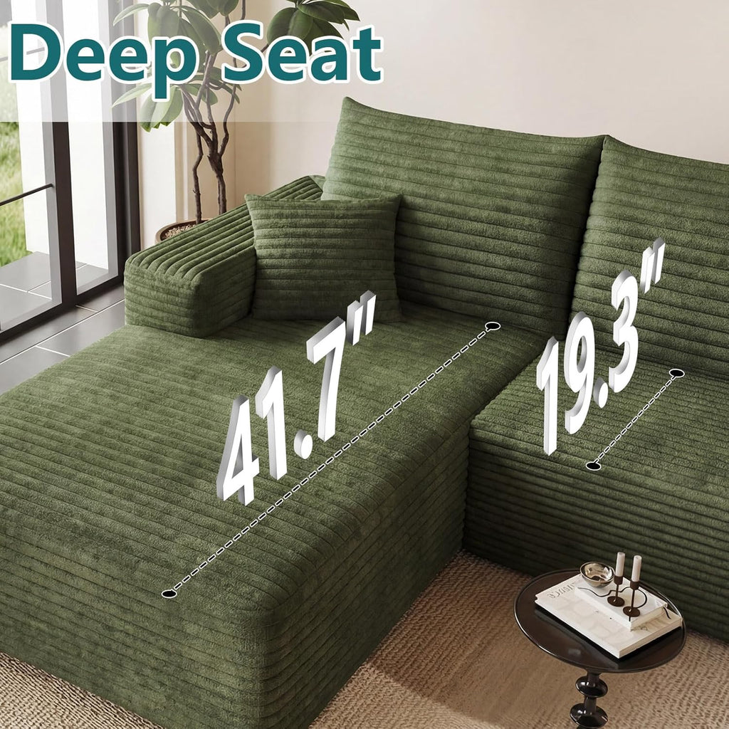 95" Modular Sectional Couch, Boneless L Shaped Cloud Sofa with Chaise Lounge, Corduroy Upholstered Couches Memory Foam Deep Seat, No Assembly Required, Ideal for Living Room(Green, Left Facing)