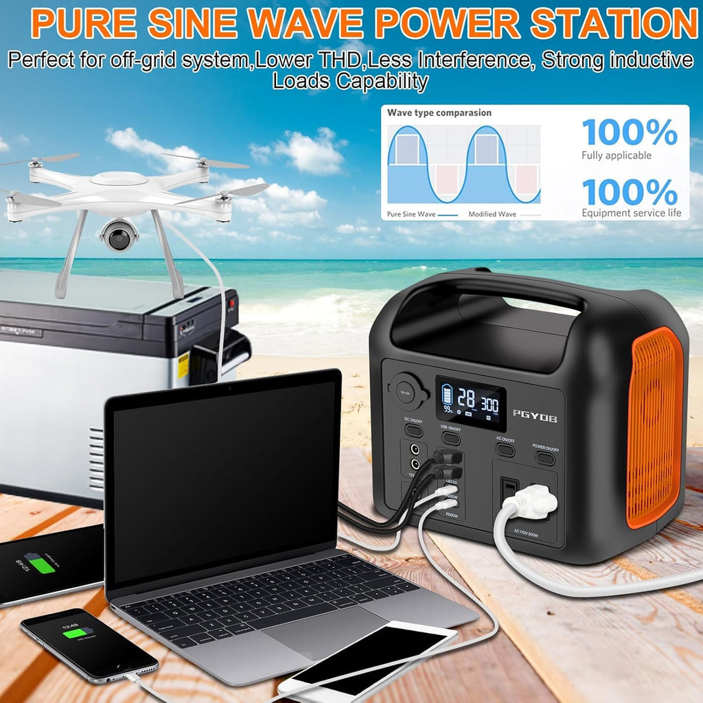 Portable Power Station with 55W Solar Panel  299Wh LiFePO4 Backup Battery 300W Pure Sine Wave AC (600W Peak) Car Outlets PD 60W QC3.0 Solar Generator Power Bank for Camping  Emergency  CPAP