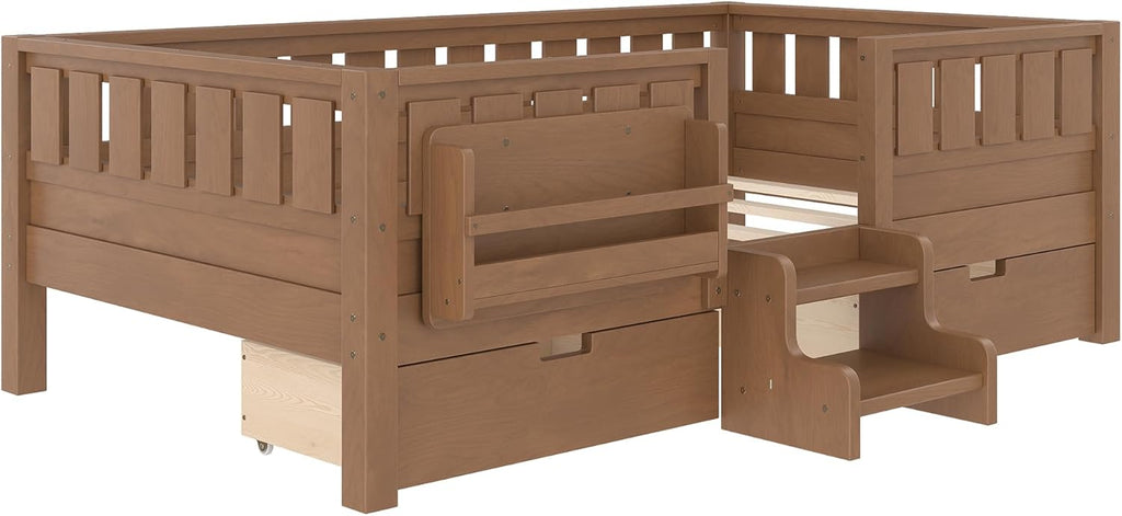 Bellemave Twin Bed with Storage Drawers & Bookshelf, Low Profile Kids Bed Frame with Staircase & Full Length Guardrails, Solid Wood Twin Bed for Kids with Slats Load 300LBS, Easy Assembly, Oak Brown