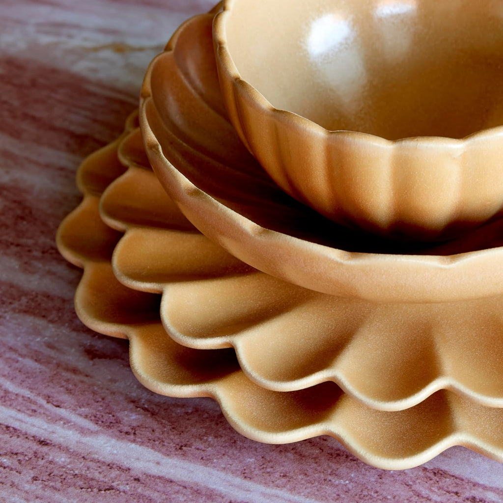 LEMIEUX ET CIE Dhalia 4-Piece Bowl Set Stoneware, Bowls, Dishwasher and Microwave Safe, Dish Set for 4, Camel