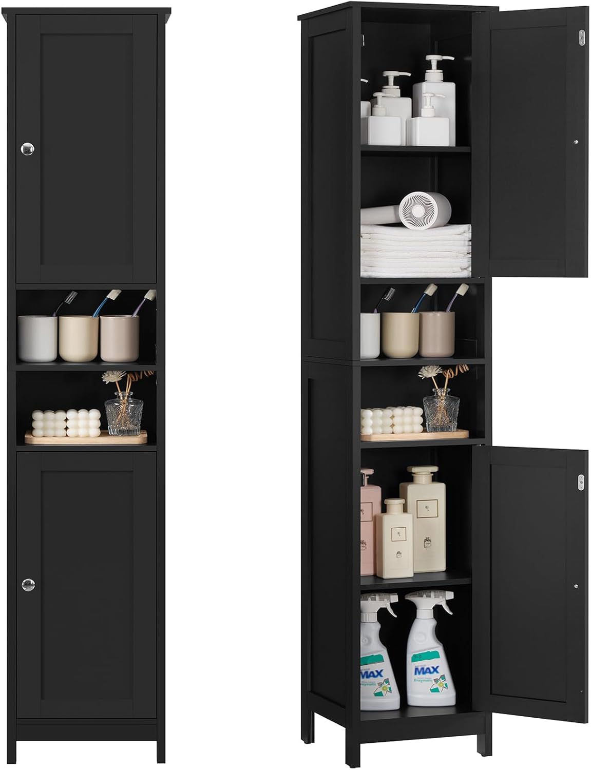 TEENFON 67" Tall Bathroom Cabinet with Adjustable Shelves and Doors, Narrow Bathroom Storage Cabinet for Small Space, Living Room, Entryway, Kitchen, Black