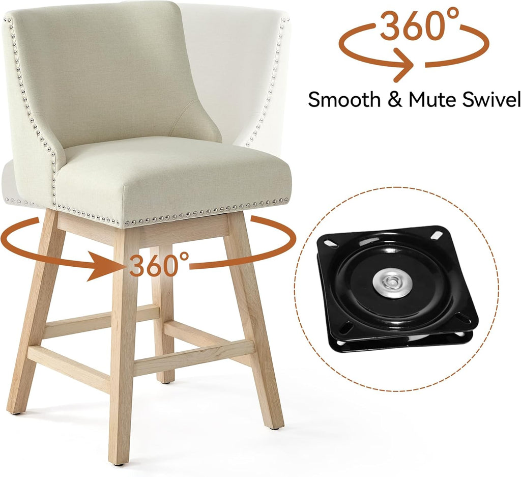 Counter Height Swivel Bar Stools Set of 2, Modern Linen Fabric Swivel Barstools with Back and Wood Legs, Upholstered 26" Seat Height Counter Stools for Kitchen Island, Home Bar, Beige
