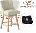 Counter Height Swivel Bar Stools Set of 2, Modern Linen Fabric Swivel Barstools with Back and Wood Legs, Upholstered 26" Seat Height Counter Stools for Kitchen Island, Home Bar, Beige