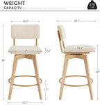Swivel Counter Height Barstools, 26" Natural Wood Bar Stools Set of 2, Kitchen Counter Stools with Wooden Legs, Linen Fabric Island Chairs for Kitchen Island and Home Pub, Beige + Natural Finish