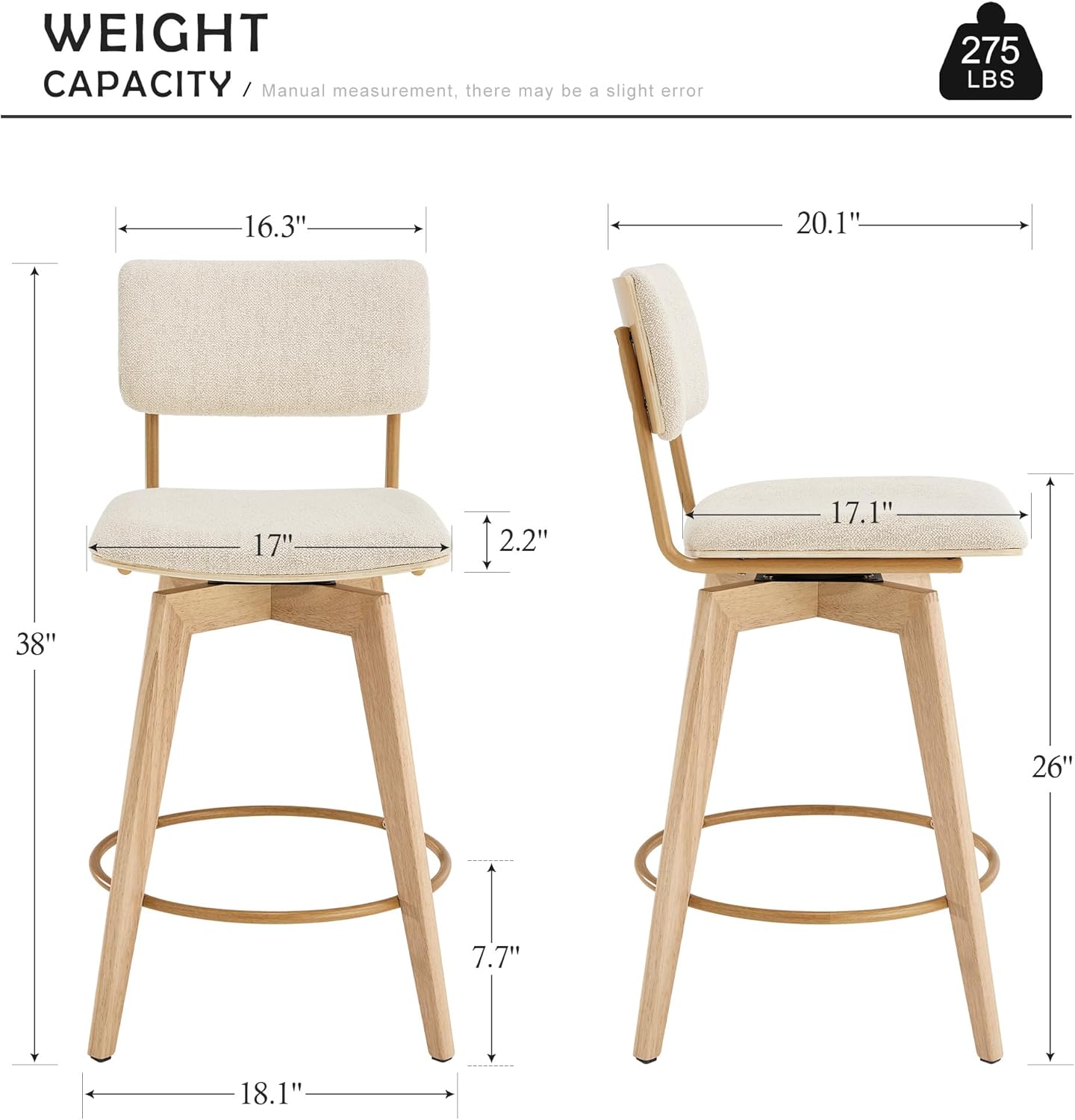 Swivel Counter Height Barstools, 26" Natural Wood Bar Stools Set of 2, Kitchen Counter Stools with Wooden Legs, Linen Fabric Island Chairs for Kitchen Island and Home Pub, Beige + Natural Finish