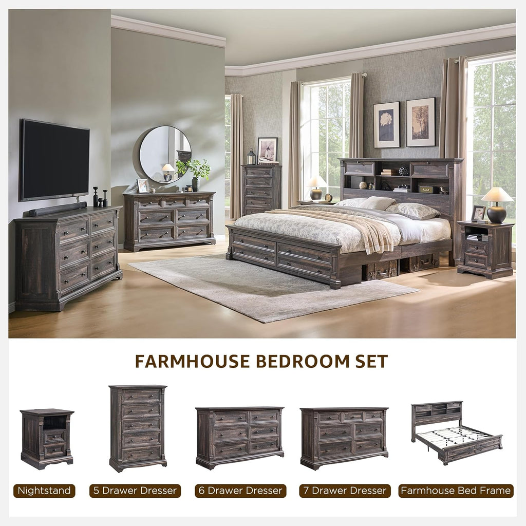 Farmhouse 6 Drawers Dresser for Bedroom, 54" Wide Large Dressers & Chests of Drawers w/Roman Column, Wooden Dresser TV Stand with Large Drawers for Nursery Bedroom Living Room Hallway,Dark Rustic Oak