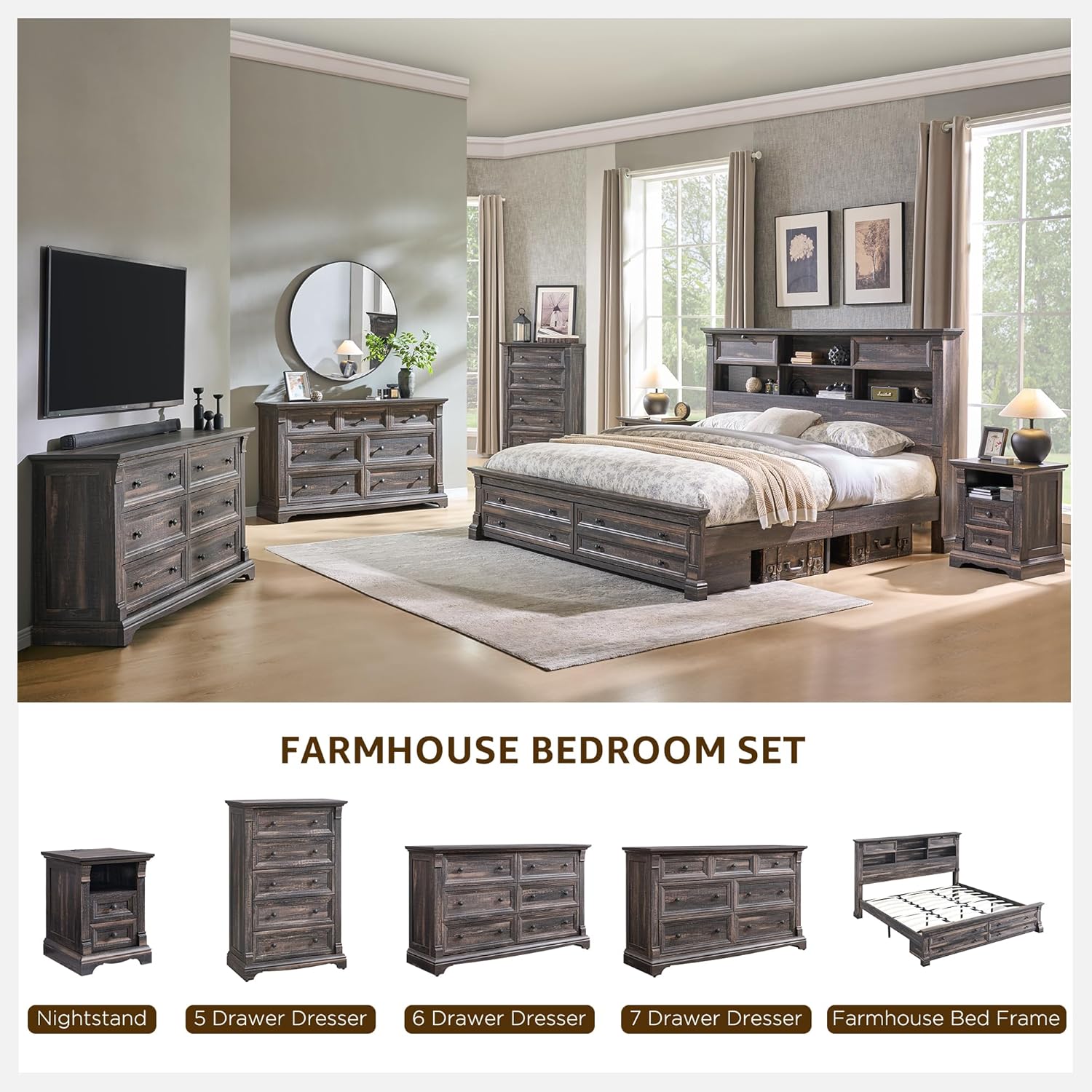 Farmhouse 6 Drawers Dresser for Bedroom, 54" Wide Large Dressers & Chests of Drawers w/Roman Column, Wooden Dresser TV Stand with Large Drawers for Nursery Bedroom Living Room Hallway,Dark Rustic Oak
