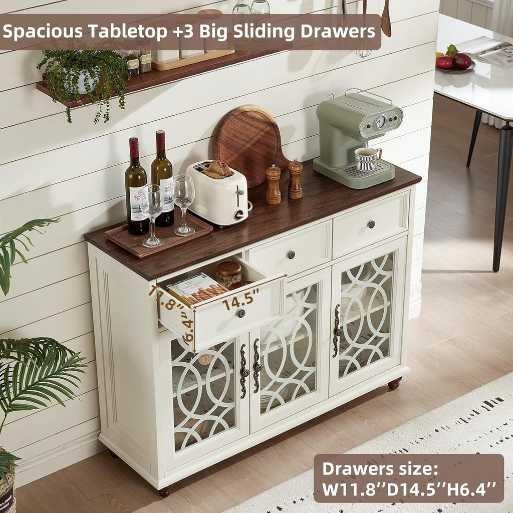 Farmhouse Sideboard Buffet Cabinet with Storage,48" Large Credenza with 3 Glass Doors & 3 Drawers,Adjustable Shelves Console Table,Wood Kitchen Coffee Bar for Dining Room,Living Room,White