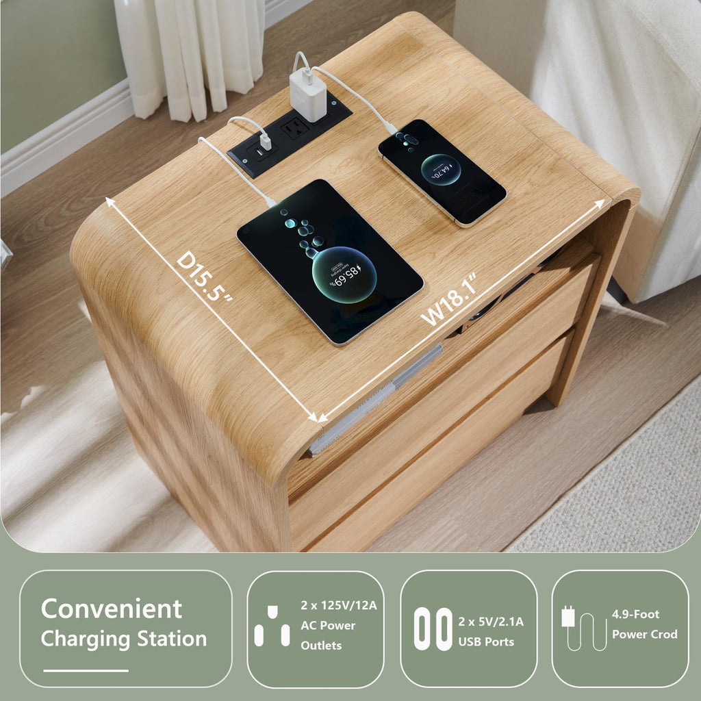 25" Tall Modern Nightstand Set of 2, 23.6'' Wide Wood Bedside Table w/2 Storage Drawers, Charging Station, Mid Century End Table for Bedroom, Living Room,Curved Profile Design, Natural Oak | Modern, Set of 2, Bedside Table, 2 Storage Drawers, Chargin