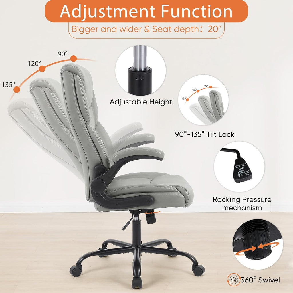Sweetcrispy Office Computer Gaming Chair, Ergonomic High Back Heavy Duty Task Desk Chairs with Wheels, Flip-up Arms, Adjustable Height, PU Leather, Grey