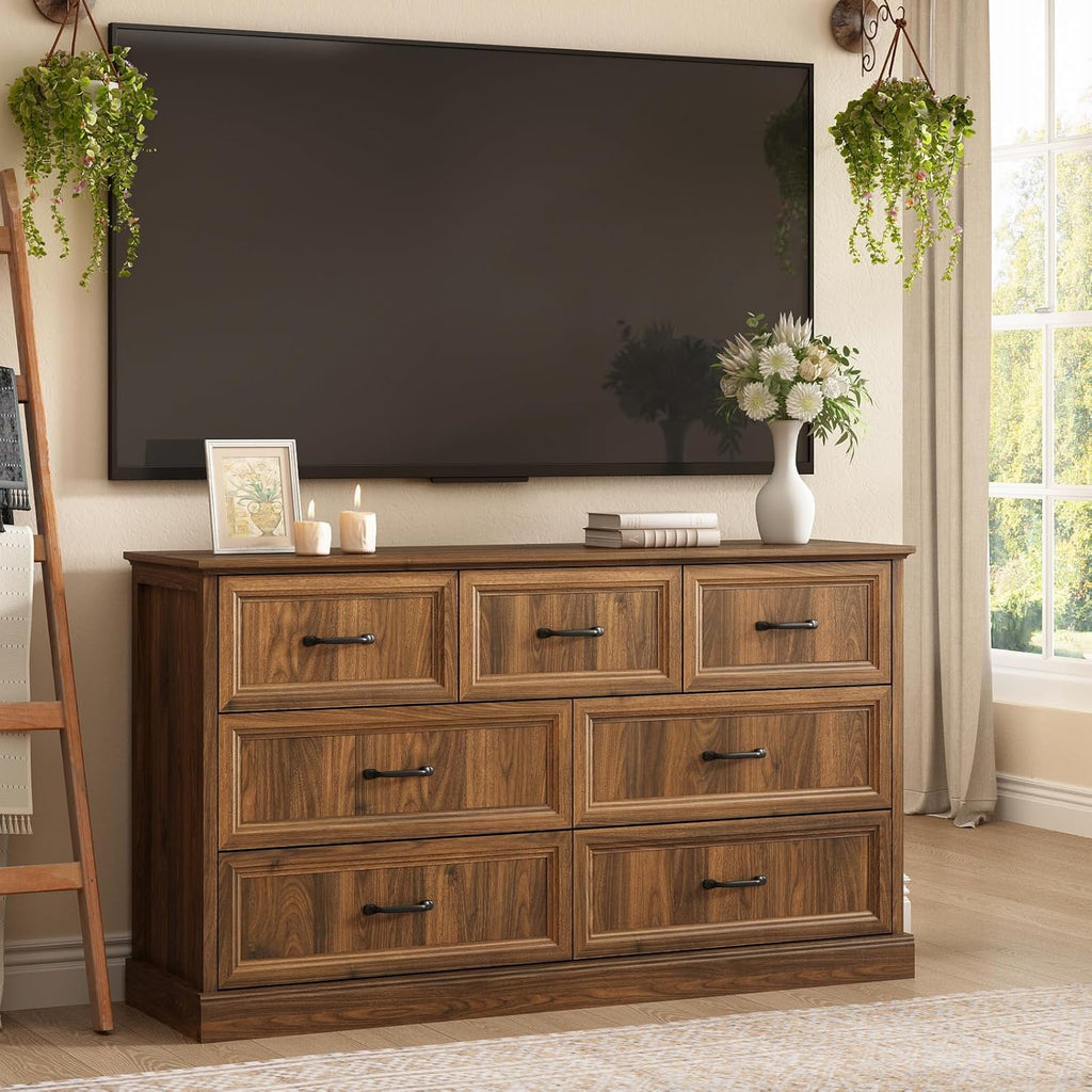Farmhouse 7 Drawer Dresser for Bedroom, 55 Inch Wide Modern Walnut Dresser TV Stand with Large Drawers & Bar Handles, Rustic Wood Chest of Drawers for Bedroom, Living Room, Hallway, Entryway.
