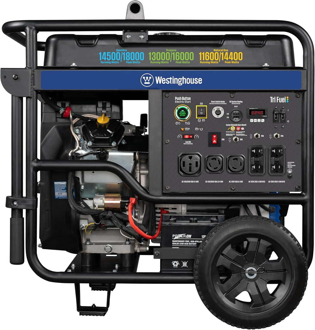 Westinghouse 18000 Peak Watt Tri-Fuel Home Backup Portable Generator  Remote Electric Start  Transfer Switch Ready  Gas  Propane  and Natural Gas Powered  CO Sensor