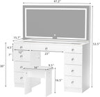 VOWNER Vanity with Lighted Mirror - 47" Glass Top Makeup Vanity Desk with 9 Drawers and Power Outlet, 3 Color Lighting Modes Adjustable Brightness, Makeup Desk with Cushioned Stool for Bedroom, White