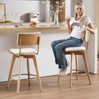 Swivel Counter Height Barstools, 26" Natural Wood Bar Stools Set of 2, Kitchen Counter Stools with Wooden Legs, Linen Fabric Island Chairs for Kitchen Island and Home Pub, Beige + Natural Finish
