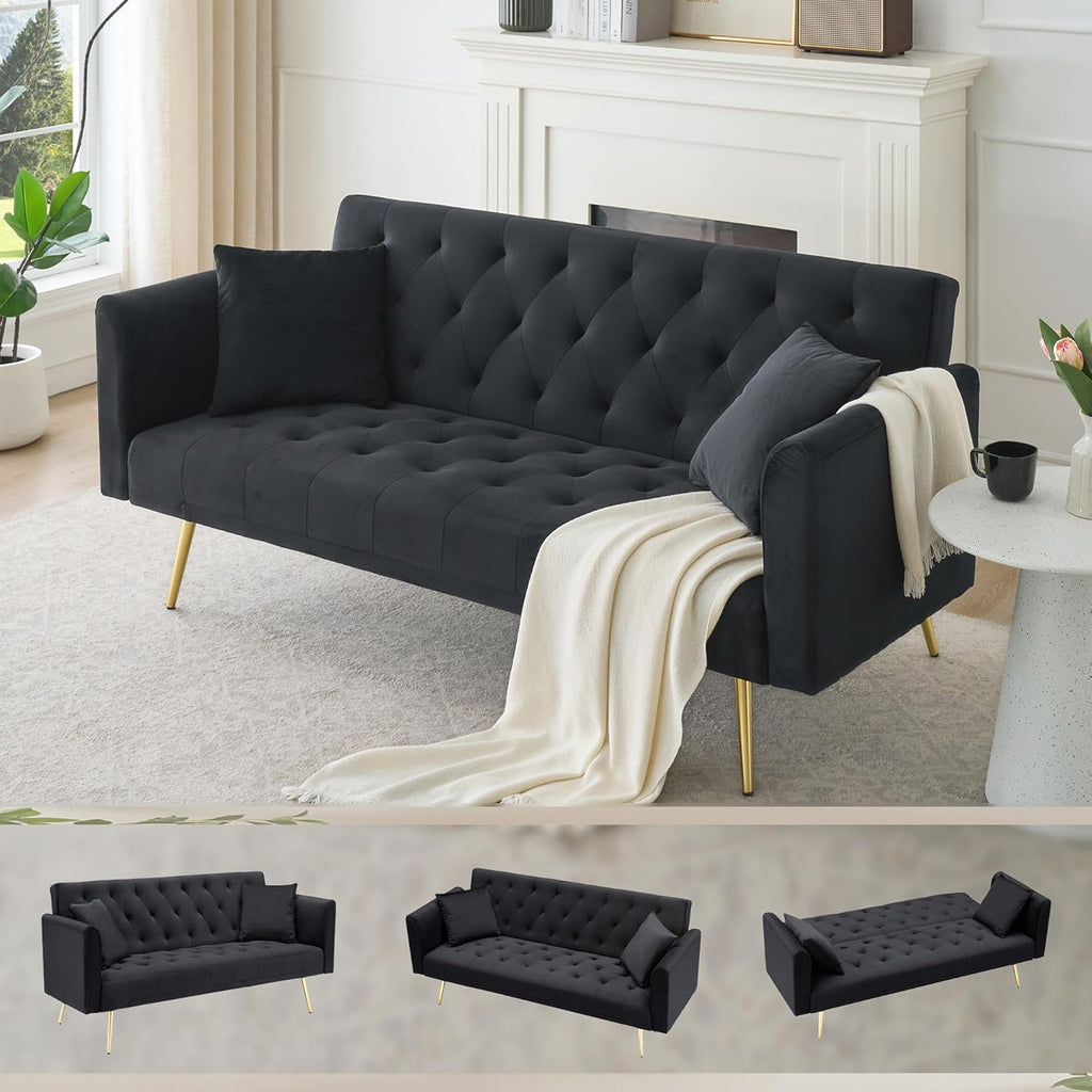 Anwick 72" Modern Velvet Sofa Bed Futon,Convertible Folding Sleeper Bed Couches with 3 Adjustable Backrests,Tufted Recliner Loveseat with Golden Chrome Legs for Small Living Room Office (Black)