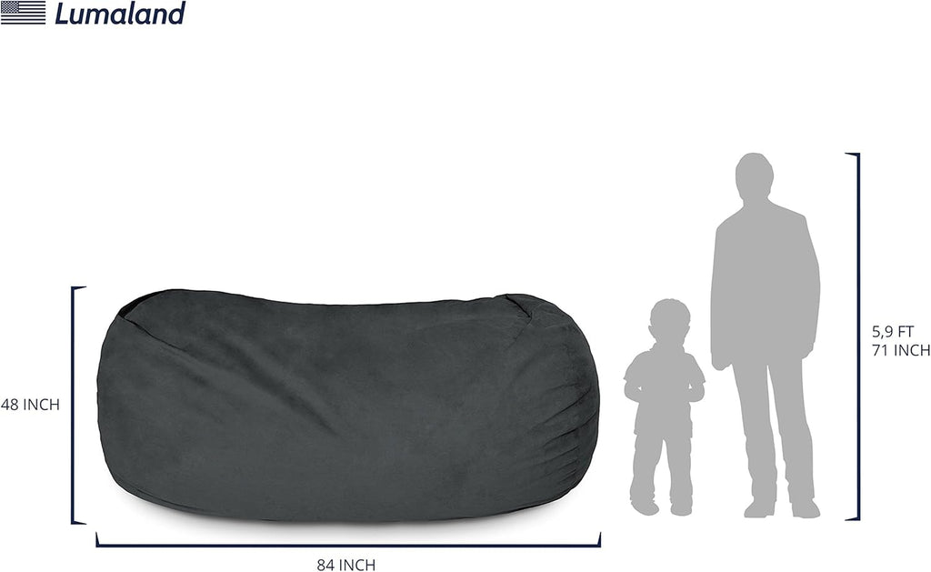 Lumaland Luxurious Giant 7ft Bean Bag Chair with Microsuede Cover - Ultra Soft, Foam Filling, Washable XXL Bean Bag Sofa for Kids, Teenagers, Adults - Sack Chair for Dorm, Family Room - Black