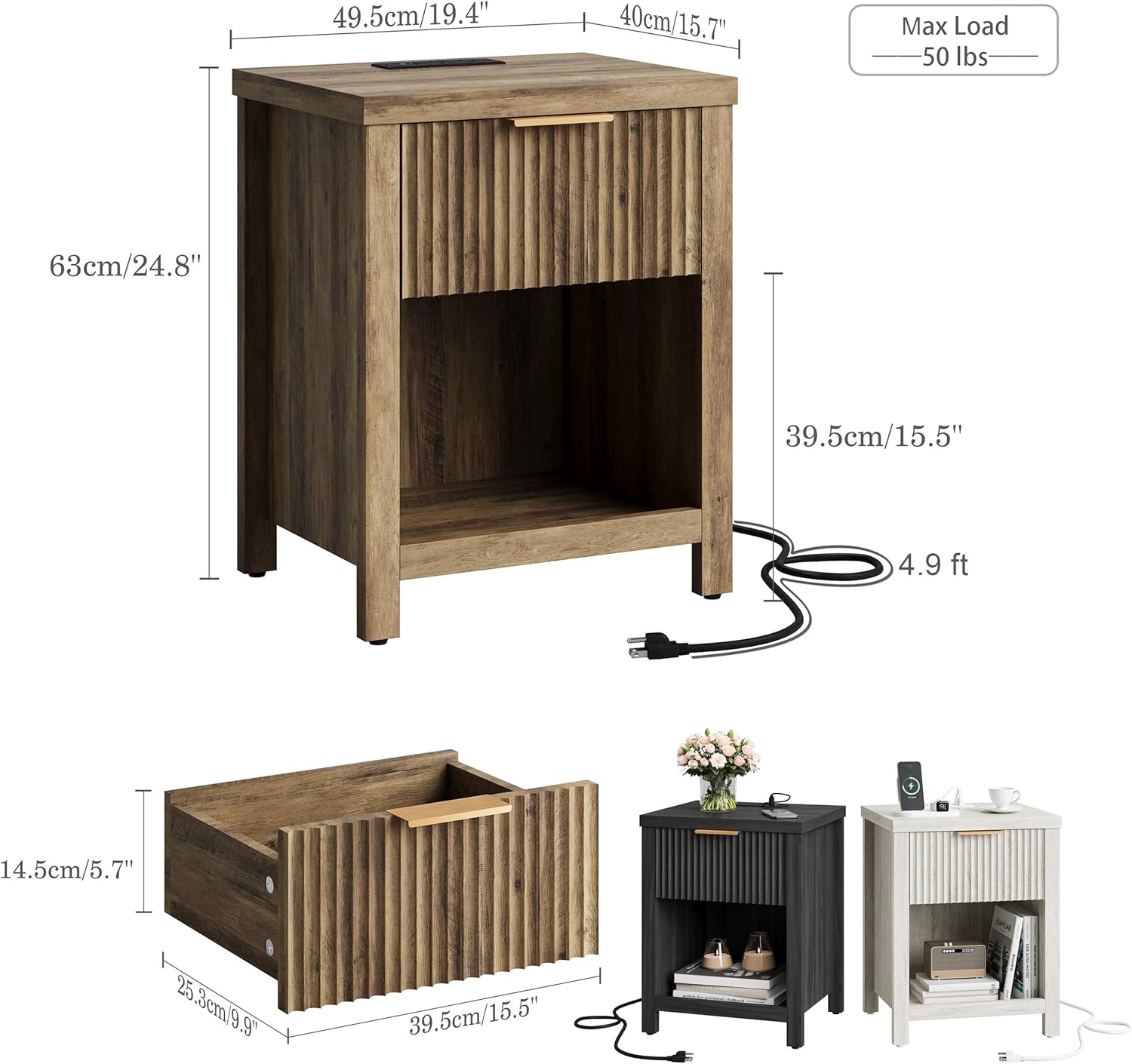 Fluted Nightstands with Charging Station Set of 2, Brooklyn Night Stand with Drawers, Modern Beside Table with Storage End Table for Bedroom Living Room (2, Brown with Charging Station) BNS101DRE-2