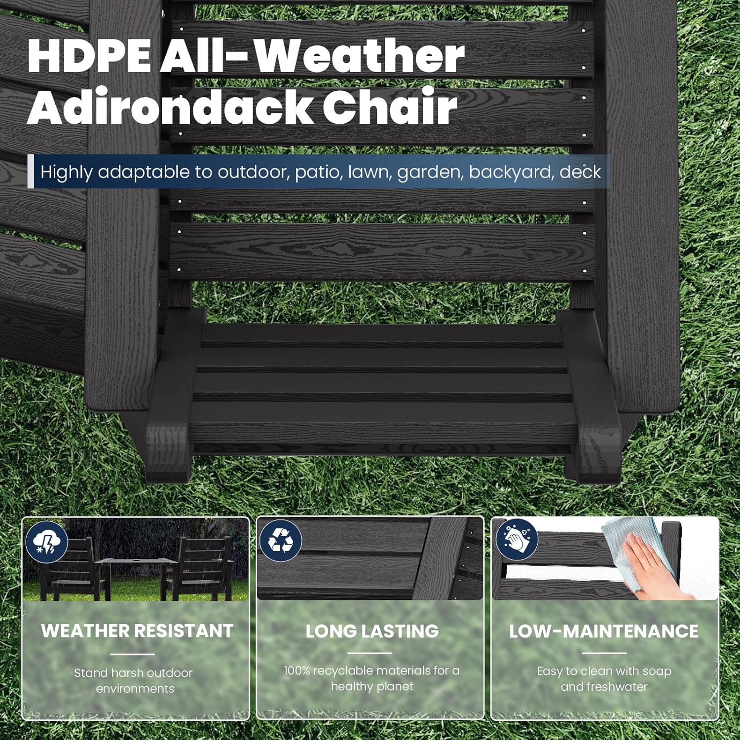 PLUUV Tall Adirondack Chairs Set of 2  All Weather HDPE Poly Bar Height Balcony Adirondack Chair with Removable Double Connecting Trays  Outdoor Adirondack Barstools for Deck  Patio  Yard  Pool  Lawn
