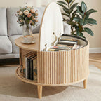 DUMOS Coffee Table, Round Coffee Tables with Storage, Fluted Center Table for Living Room, 31.69" Mid Century Modern Table with Sliding Cabinet Door, 2-Tier Rustic Wood Desktop, Wood