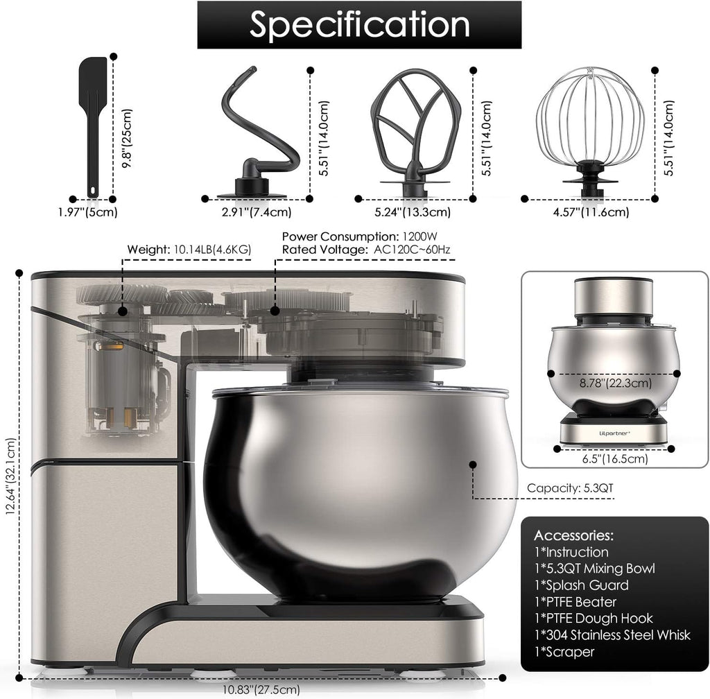 Stand Mixer, Stainless Steel Mixer 5.3-QT LCD Display Food Mixer, 6+P Speed itchen Electric Mixer Tilt-Head Mixer with Stainless Steel Bowl, Dough Hook, Beater, Whisk