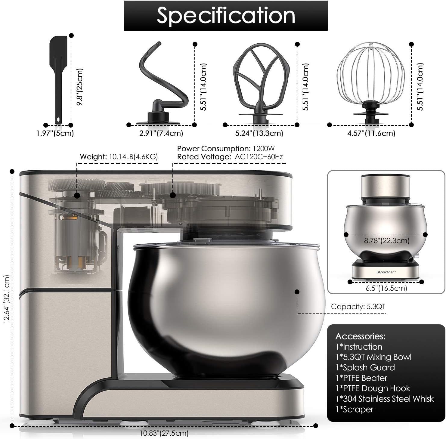 Stand Mixer, Stainless Steel Mixer 5.3-QT LCD Display Food Mixer, 6+P Speed itchen Electric Mixer Tilt-Head Mixer with Stainless Steel Bowl, Dough Hook, Beater, Whisk