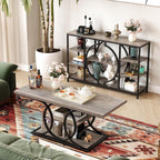 GiftGo Rustic Coffee Table with Storage Industrial 3 Tier Center Living Room Table Farmhouse Wooden Rectangle Cocktail Tea Table for Office Bedroom Elegant Full Moon Design (Vintage Gray, L-47)
