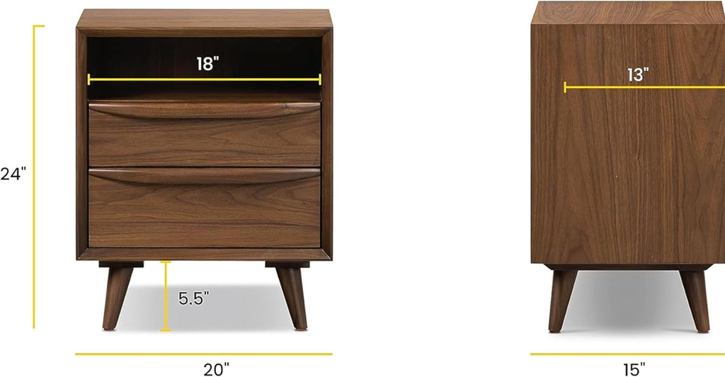 Poly & BARK Cura 22” Nightstand – Solid and Veneered American Black Walnut Bedside Table with Soft‑Close Drawers, Cord Management Cut‑Out and Splayed Solid Walnut Legs