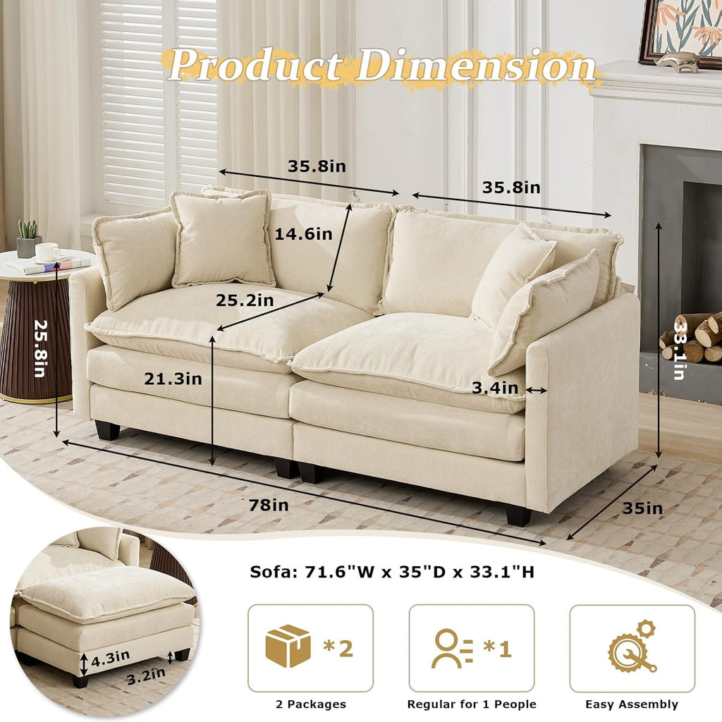 SoarFlash 77.95" Chenille Sectional Sofa, Comfy Modular Loveseat Sofa, Modern 2-Seat Couch Deep Seat Sofa Set for Living Room,Beige