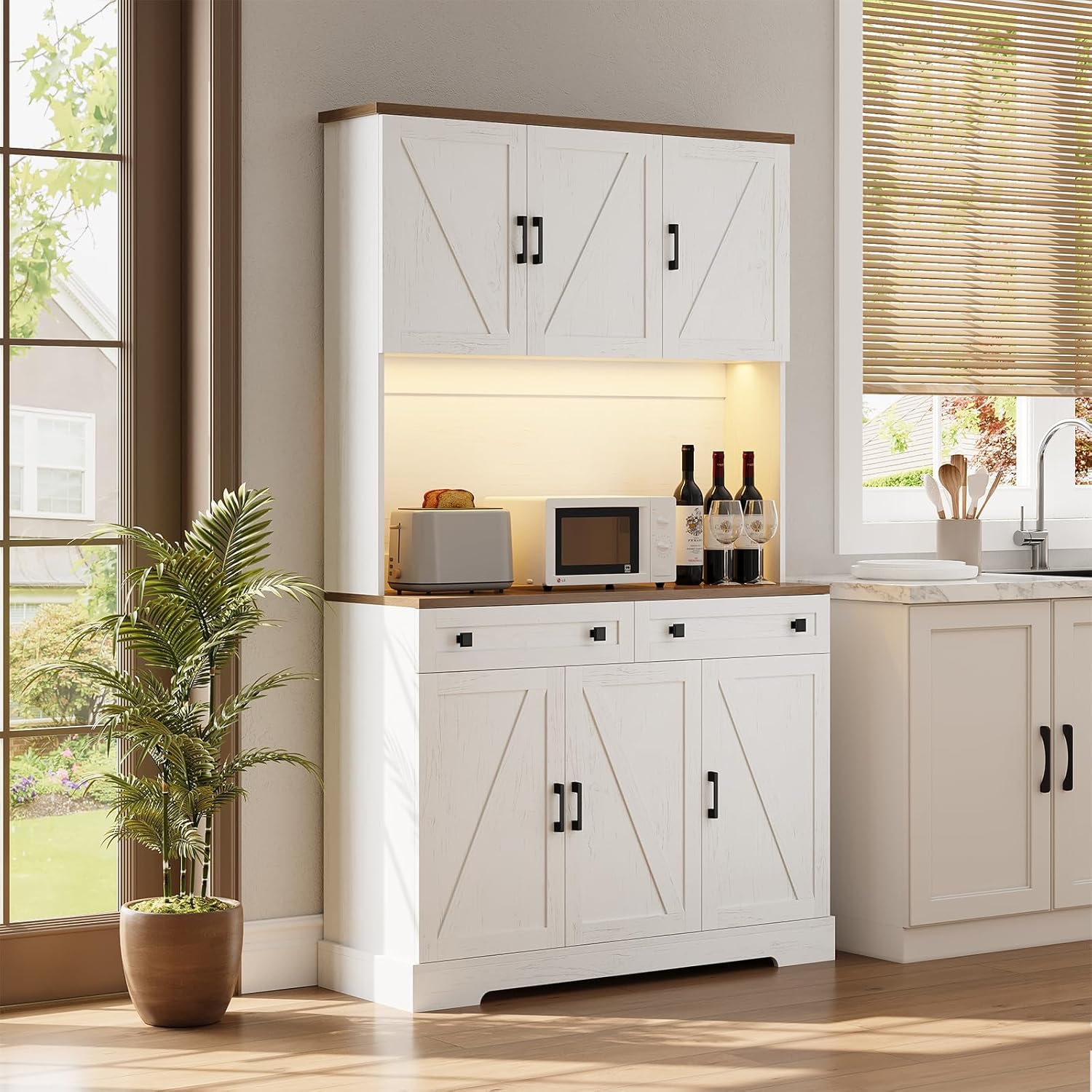 71" Kitchen Pantry Cabinet with Charging Station & LED Lights, Tall Kitchen Storage Cabinet with Hutch Coffee Bar, Farmhouse Pantry with Door Shelf & pull out Shelf for Dining Room Kitchen, White