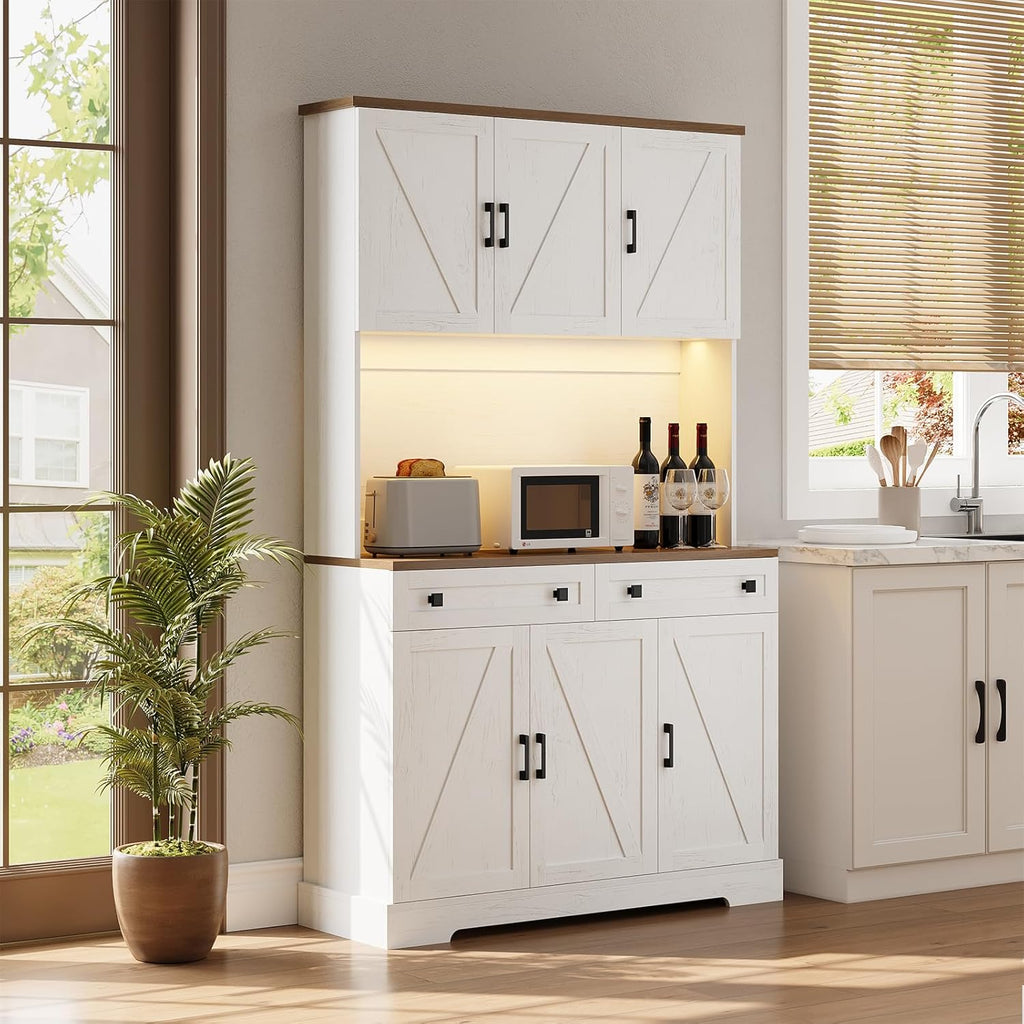 71" Kitchen Pantry Cabinet with Charging Station & LED Lights, Tall Kitchen Storage Cabinet with Hutch Coffee Bar, Farmhouse Pantry with Door Shelf & pull out Shelf for Dining Room Kitchen, White