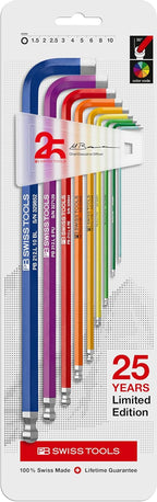 PB Swiss Tools Limited Edition 25Y Rainbow Hex Key Set PB 212.LH-10RB25YCN | 100% Swiss Made | 9-Piece Allen Wrench Set Color Coded by Size 1.5-10mm with Ball End