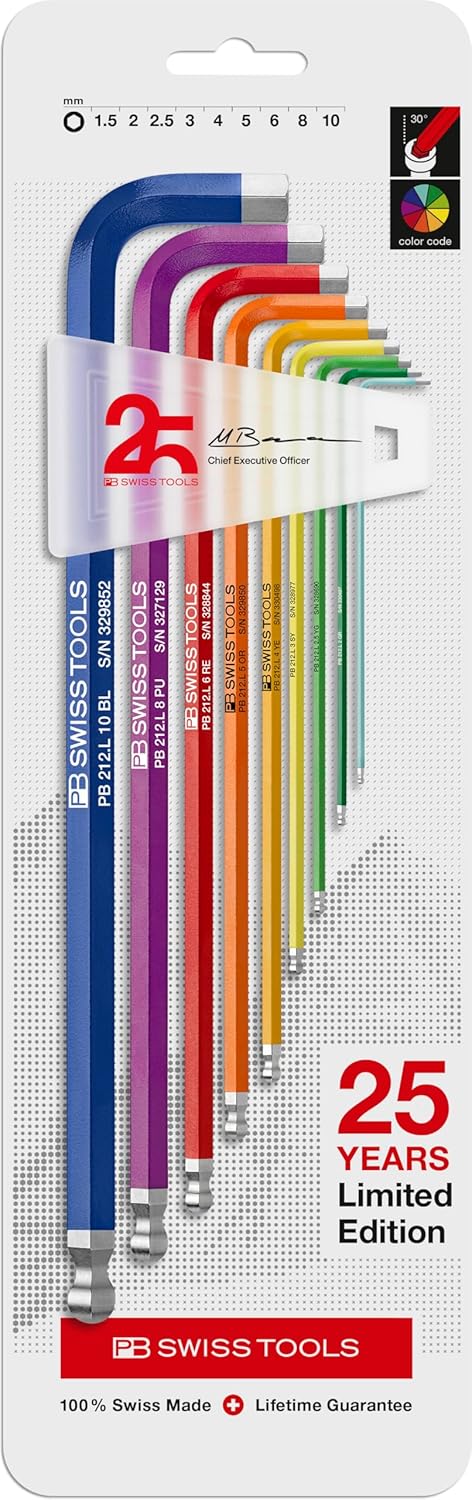 PB Swiss Tools Limited Edition 25Y Rainbow Hex Key Set PB 212.LH-10RB25YCN | 100% Swiss Made | 9-Piece Allen Wrench Set Color Coded by Size 1.5-10mm with Ball End