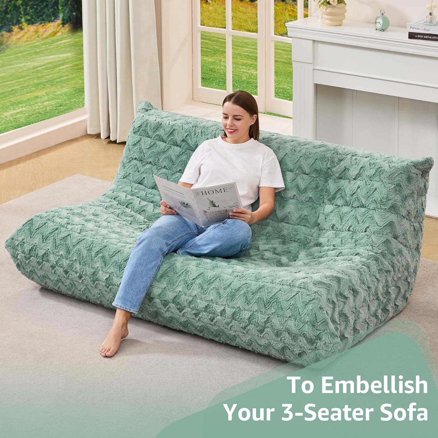 Bean Bag Chairs for Adults Giant Bean Bag Chair Memory Foam BeanBag Chair Bean Bag Sofa with Filler Faux Fur Fireside Beanbags Lazy Sofa for Living Room Bedroom Office (Green Chevron, 3-Seater)