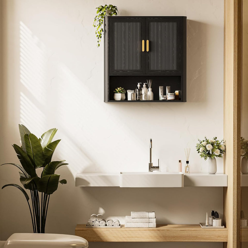 INNOD Bathroom Wall Cabinet, Wall-Mounted Medicine Cabinet with Adjustable Wood Shelf & Doors, Floating Bathroom Cabinet Over Toilet for Laundry Room & Kitchen & Living Room (Black)