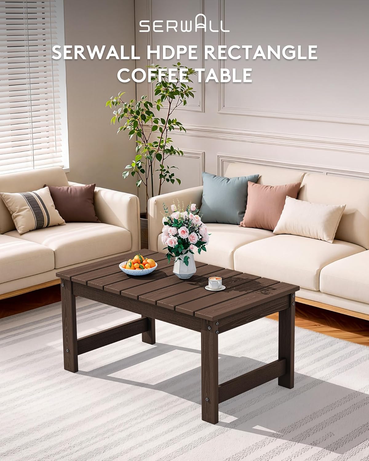 SERWALL Outdoor Coffee Table with 1.69" Umbrella Hole, HDPE Patio Coffee Table for Outside, Rectangle, Coffee