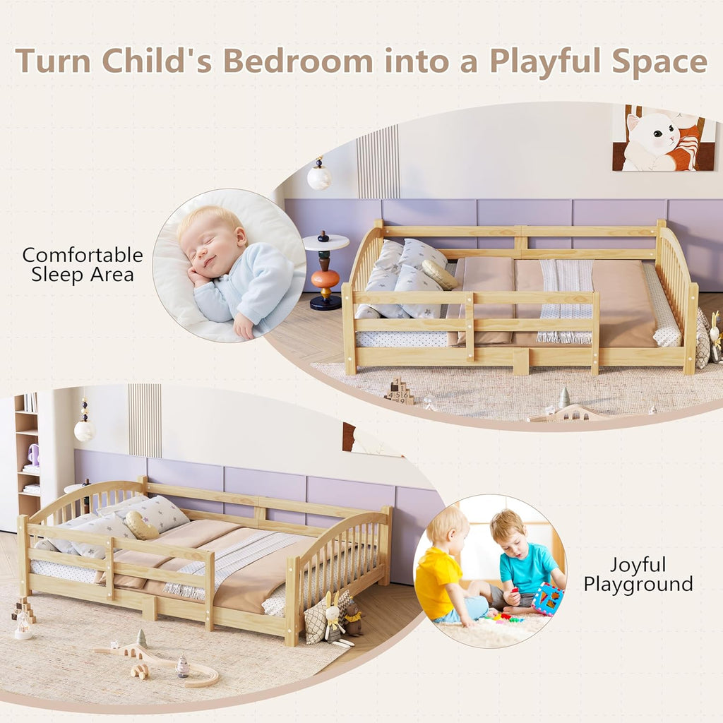 Merax Twin Montessori Floor Bed with Safety Guardrails – Solid Wood Kids Bed with Slats & Fence and Without Door, No Box Spring Needed, Natural