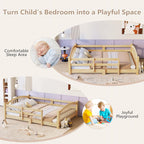 Merax Twin Montessori Floor Bed with Safety Guardrails – Solid Wood Kids Bed with Slats & Fence and Without Door, No Box Spring Needed, Natural