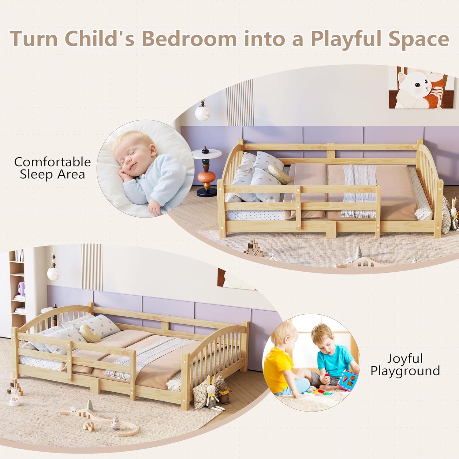 Merax Twin Montessori Floor Bed with Safety Guardrails – Solid Wood Kids Bed with Slats & Fence and Without Door, No Box Spring Needed, Natural