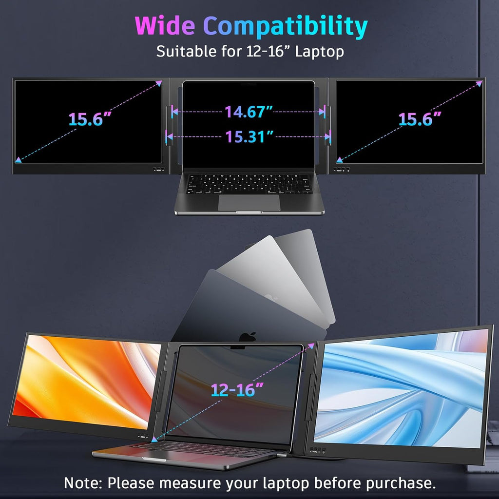 QQH Laptop Screen Extender  15.6" Triple Portable Monitor with Ultra-Slim FHD IPS Display  One Cable USB-C Monitor Extender Compatible with MacOS  Windows  Android for 12-16" Laptop (Driver Need)