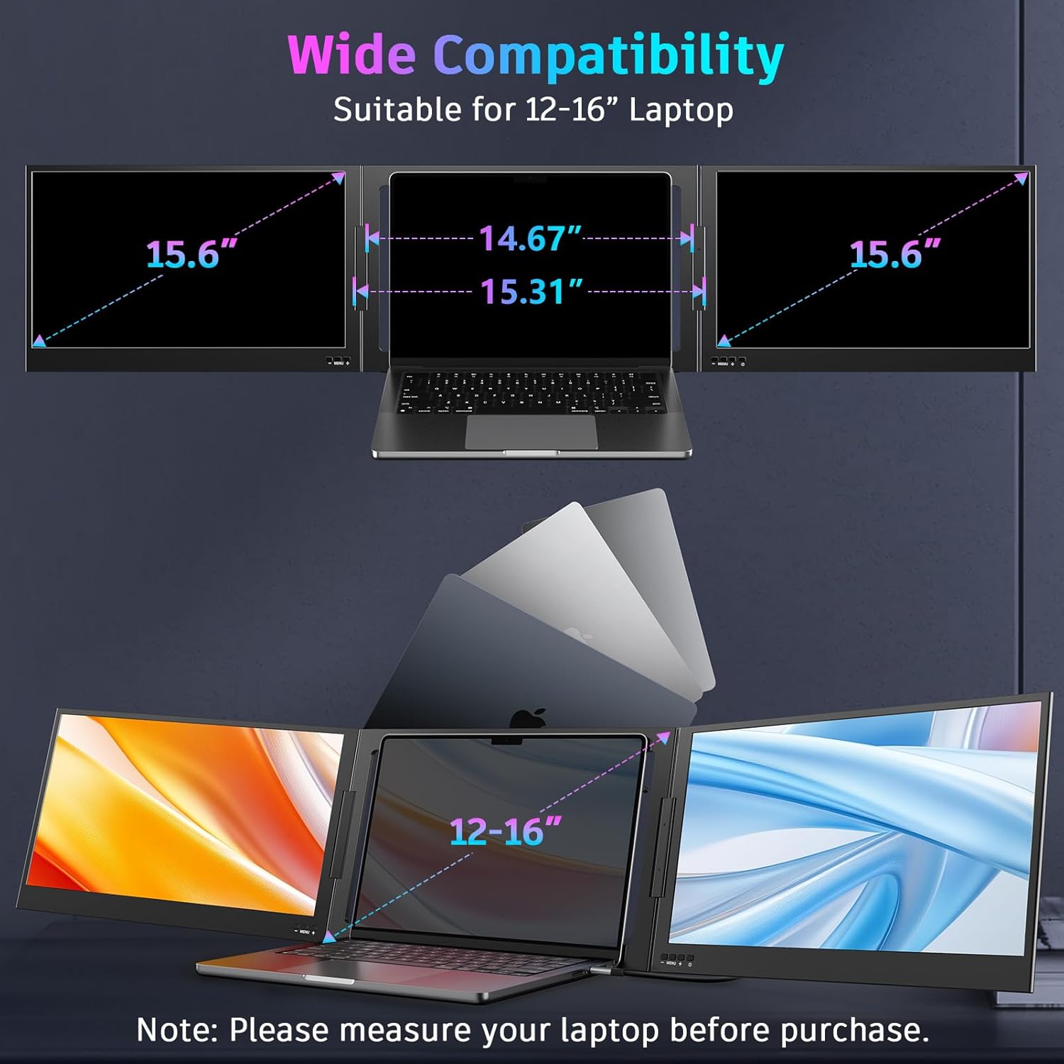 QQH Laptop Screen Extender  15.6" Triple Portable Monitor with Ultra-Slim FHD IPS Display  One Cable USB-C Monitor Extender Compatible with MacOS  Windows  Android for 12-16" Laptop (Driver Need)