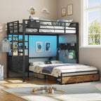 DICTAC Twin Over Full Bunk Bed with 4 Storage Drawers and 3-Tier Open Bookshelf Metal Bunk Bed with LED Lights,Charging Station and Pegboard,L-Shaped bunk Beds with Safety Guardrail and Ladder,Black