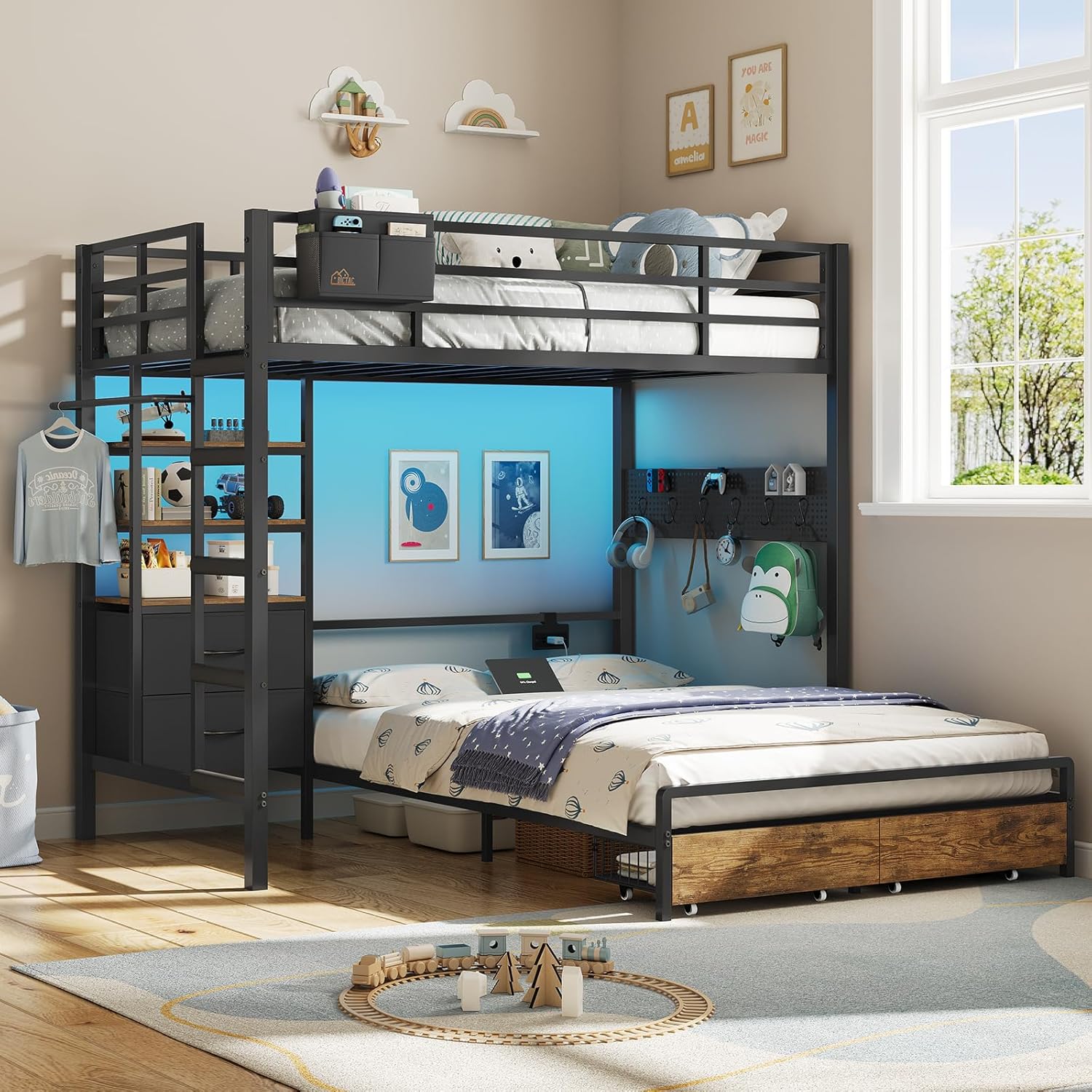 DICTAC Twin Over Full Bunk Bed with 4 Storage Drawers and 3-Tier Open Bookshelf Metal Bunk Bed with LED Lights,Charging Station and Pegboard,L-Shaped bunk Beds with Safety Guardrail and Ladder,Black