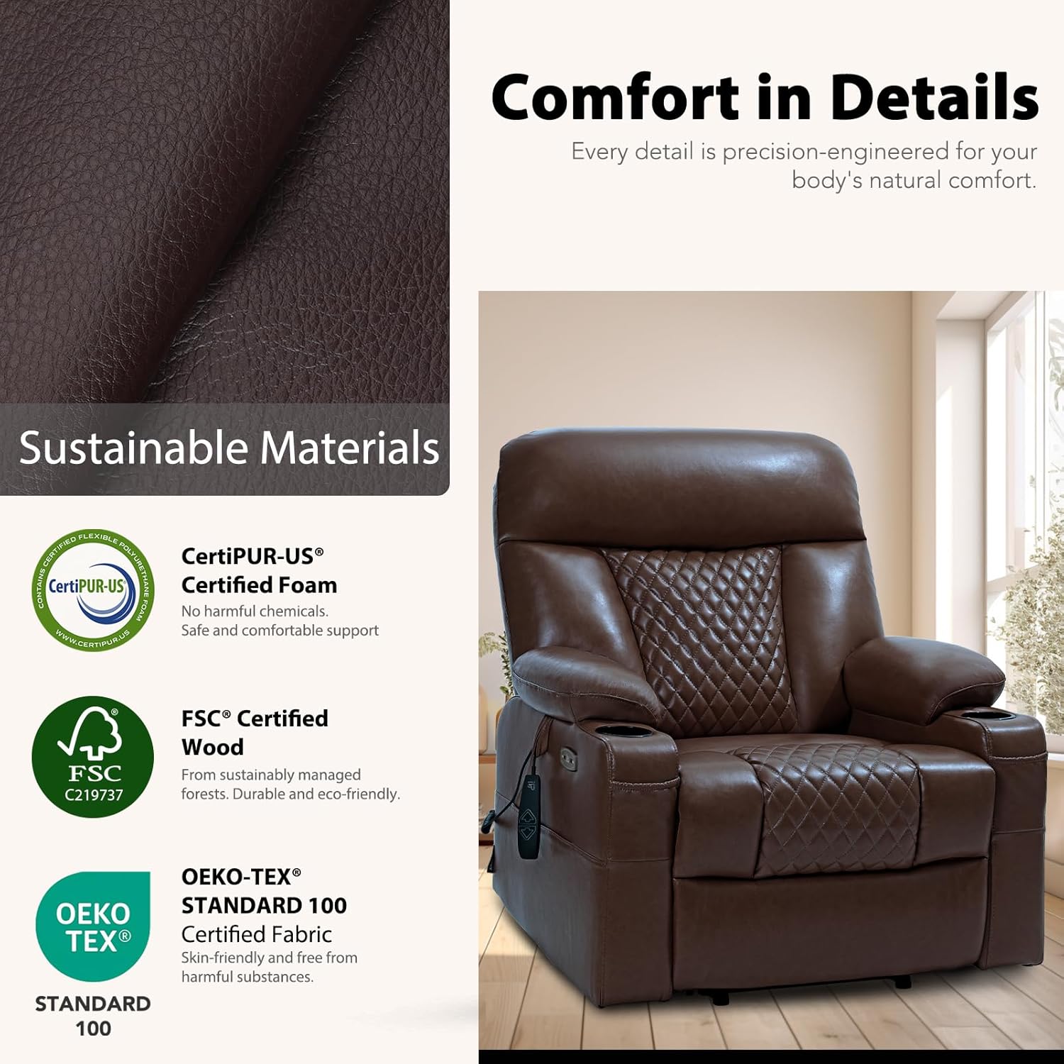 EONIX Small Power Lift Recliner Chair for Elderly with Heat and Massage, 400lbs Heavy Duty Electric Recliner Chairs for Adults with Cup Holders and USB Charging Ports, SLRY019020, Dark Brown