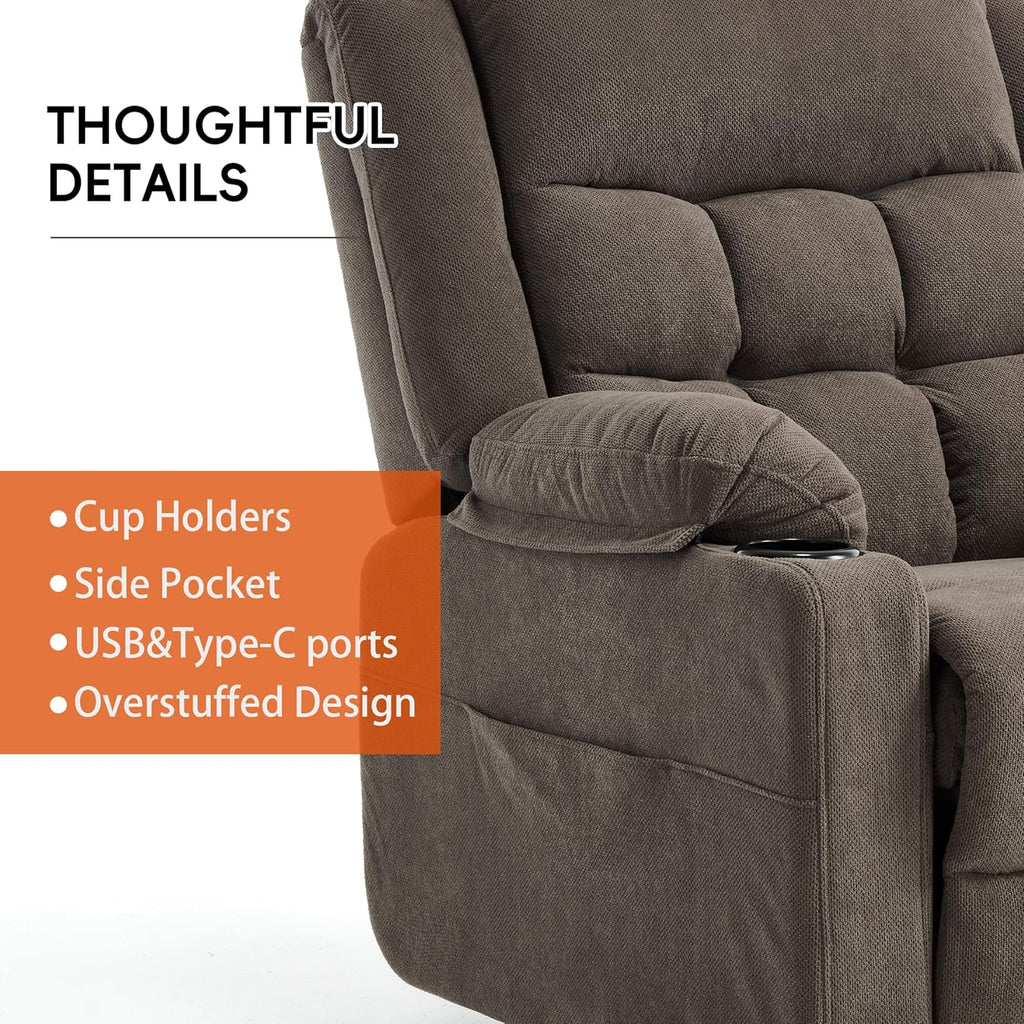 Electric Power Lift Recliner Chair Sofa with Massage and Heat for Elderly, USB and Type-C Ports, Cup Holders, Infinite Position (Brown, Regular)