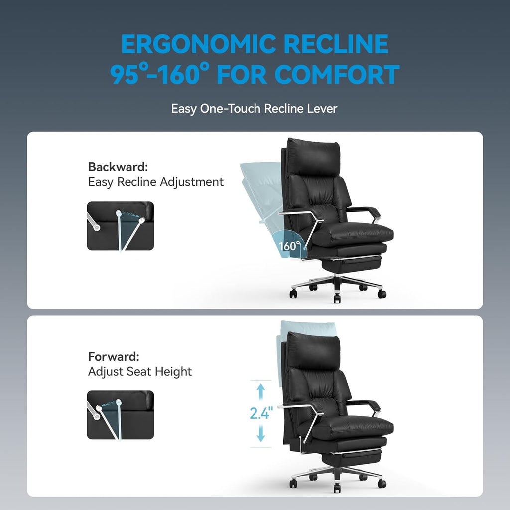 M76 160° Reclining Office Chair with Footrest, 10" Thick Cloud Cushion Executive Desk Chair, Extra Wide Cross-Legged Ergonomic Chair for Big and Tall, Adjustable Seat Depth, Easy Assembly, Black