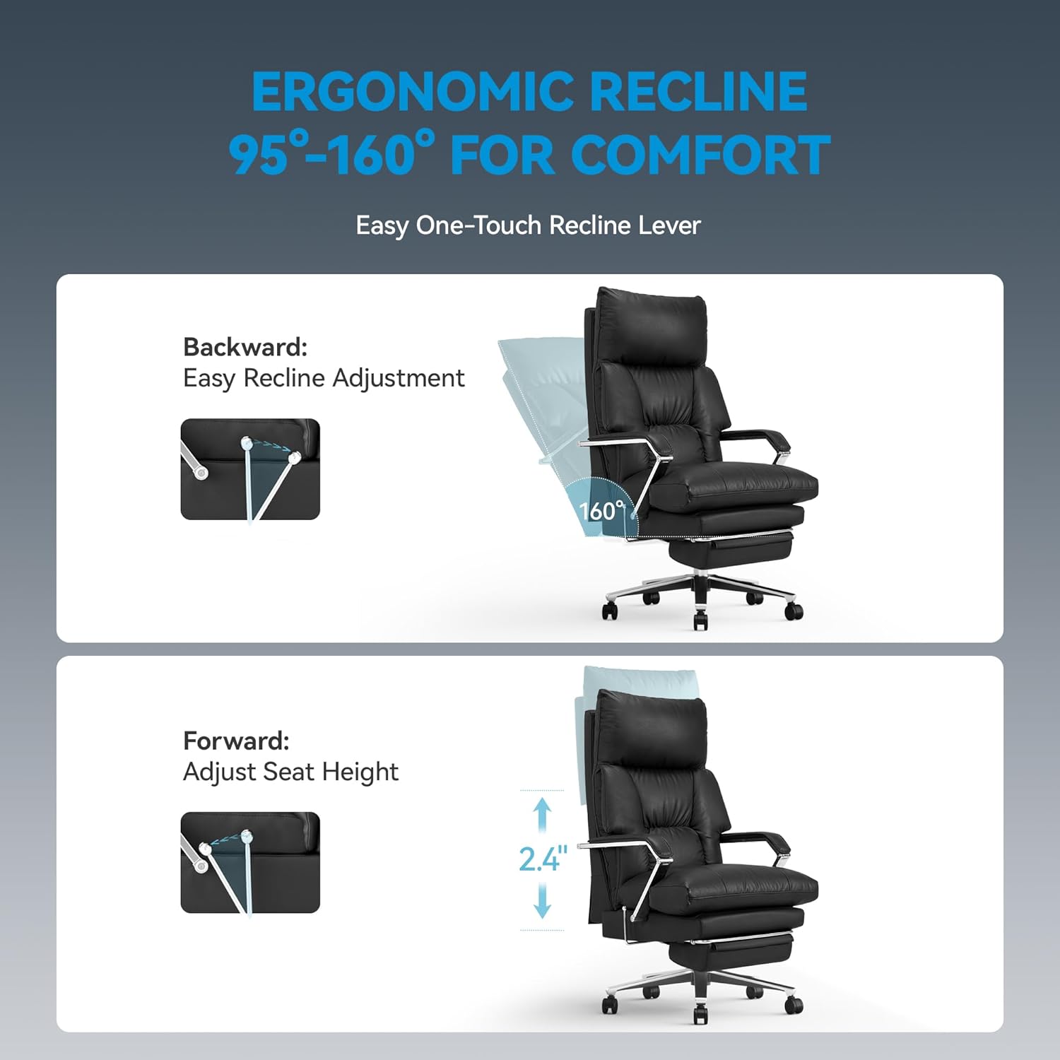 M76 160° Reclining Office Chair with Footrest, 10" Thick Cloud Cushion Executive Desk Chair, Extra Wide Cross-Legged Ergonomic Chair for Big and Tall, Adjustable Seat Depth, Easy Assembly, Black