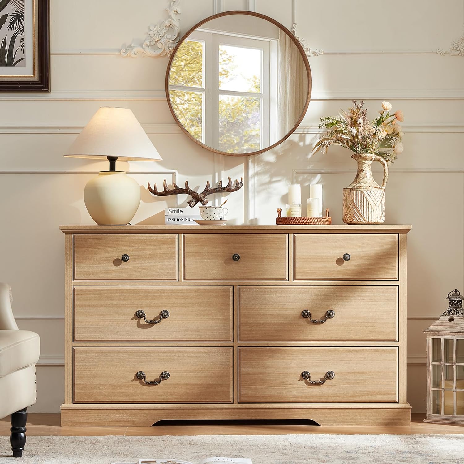 Farmhouse 7 Drawer Dresser for Bedroom,57" Wide Wood Rustic Chest of Drawers,Farmhouse Chest of Drawers for Bedroom,Wood Drawer Organizer for Bedroom,Hallway,Natural